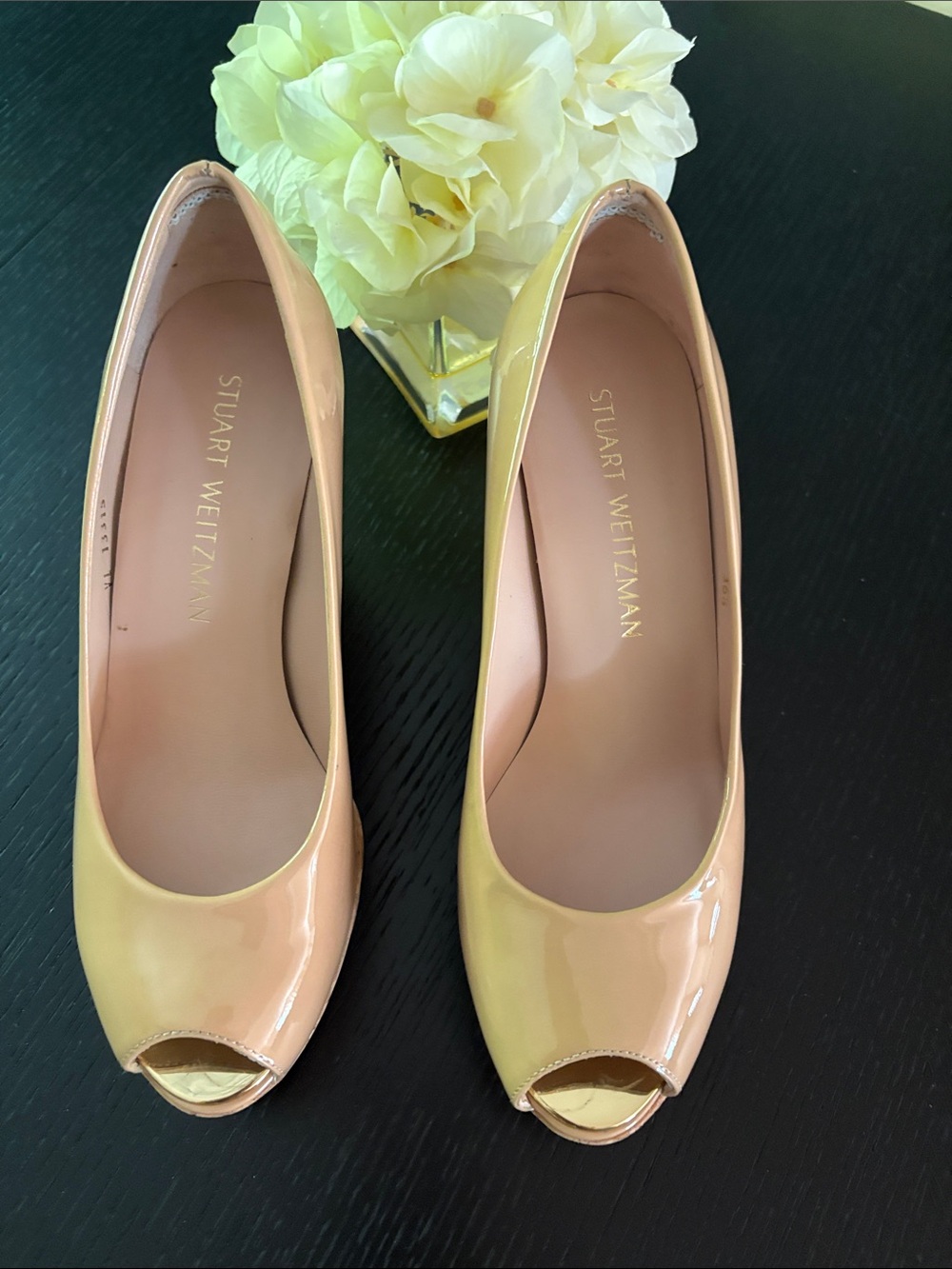 Stuart Weitzman Patent Peep-Toe Pumps in Nude Blush